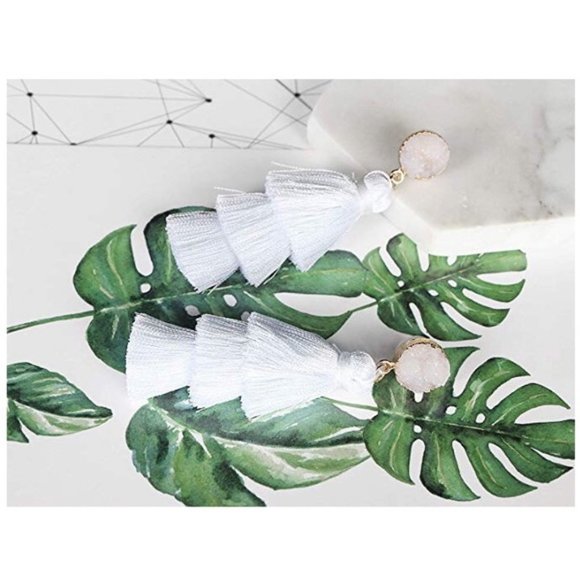 Boho Chic White Druzy Tassel Earrings - Picture 3 of 4